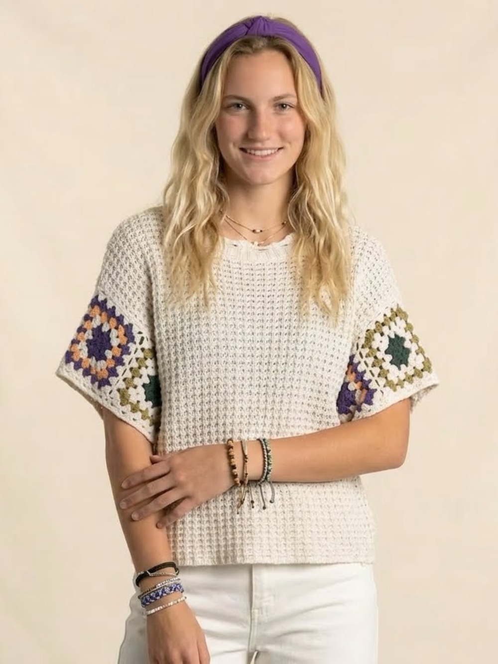 Universal Thread Cream Crochet-Sleeve Boxy Sweater with Purple & Green Accents